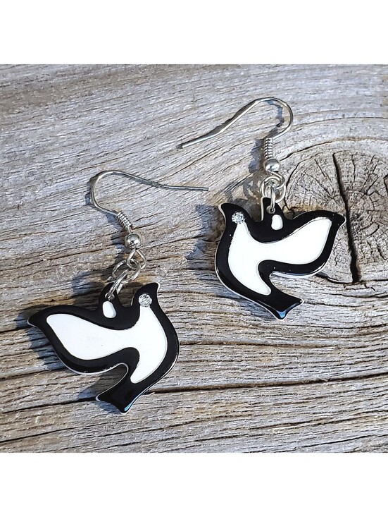 Jewelry - Vintage Y2K White Black Lucite Austrian Crystal Dove of Peace Hearts Earrings